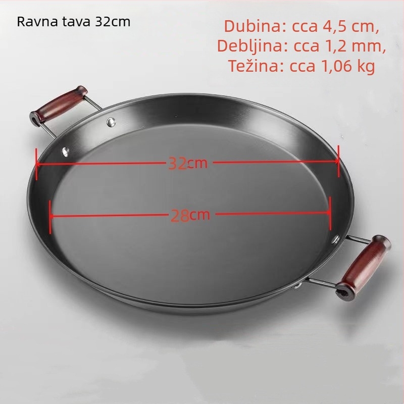 Tigan od kovanog željeza bez premaza, s dvjema ručkama, ravno dno, pogodan za plinske i indukcijske štednjake.