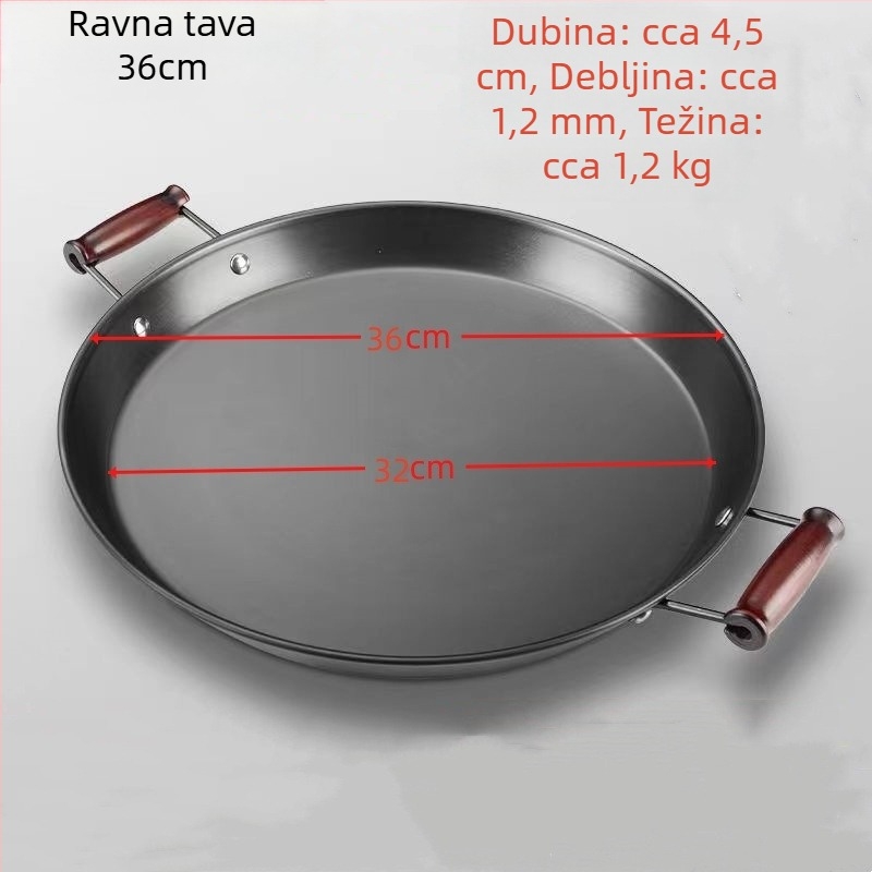 Tigan od kovanog željeza bez premaza, s dvjema ručkama, ravno dno, pogodan za plinske i indukcijske štednjake.