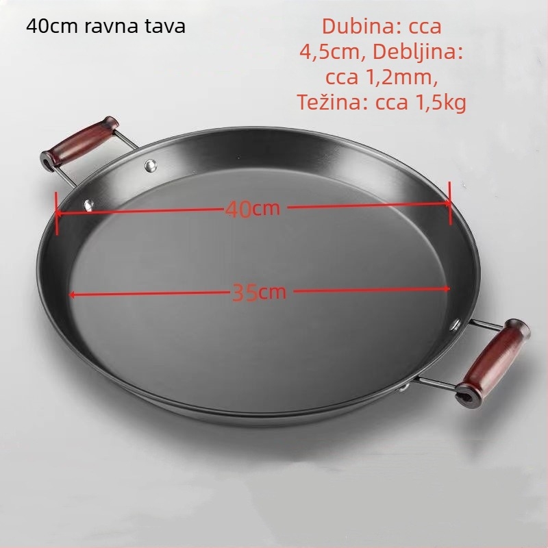 Tigan od kovanog željeza bez premaza, s dvjema ručkama, ravno dno, pogodan za plinske i indukcijske štednjake.