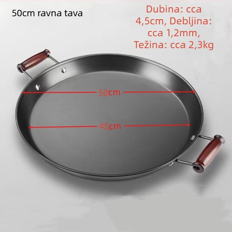 Tigan od kovanog željeza bez premaza, s dvjema ručkama, ravno dno, pogodan za plinske i indukcijske štednjake.