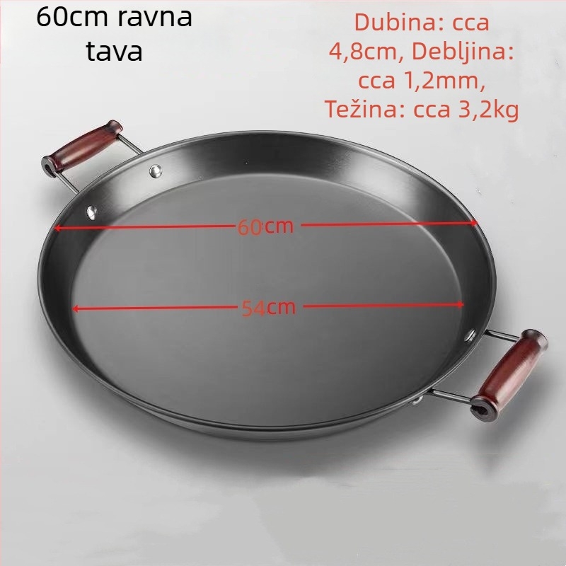 Tigan od kovanog željeza bez premaza, s dvjema ručkama, ravno dno, pogodan za plinske i indukcijske štednjake.