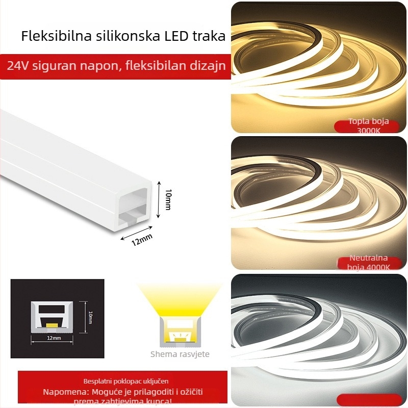 Fleksibilna LED traka od silikona, 12V/24V, vodootporna, samoljepljiva, ugrađeni linearni kanal