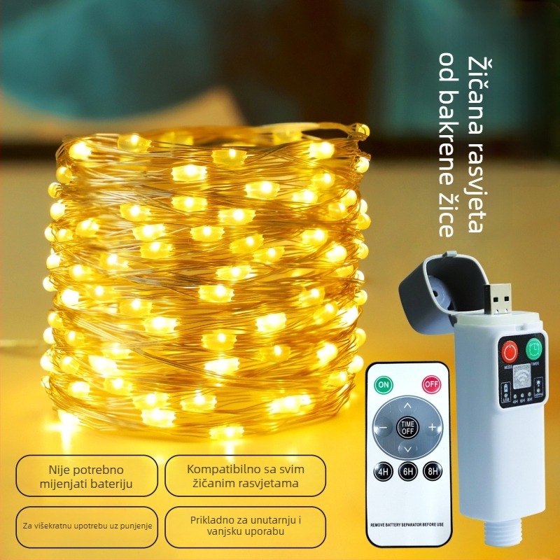 LED niz s bakrenim vodom za unutarnju i vanjsku dekoraciju, USB daljinsko upravljanje, solarno napajanje