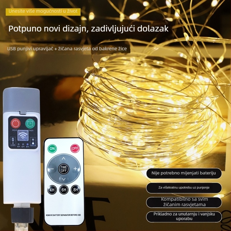 LED niz s bakrenim vodom za unutarnju i vanjsku dekoraciju, USB daljinsko upravljanje, solarno napajanje