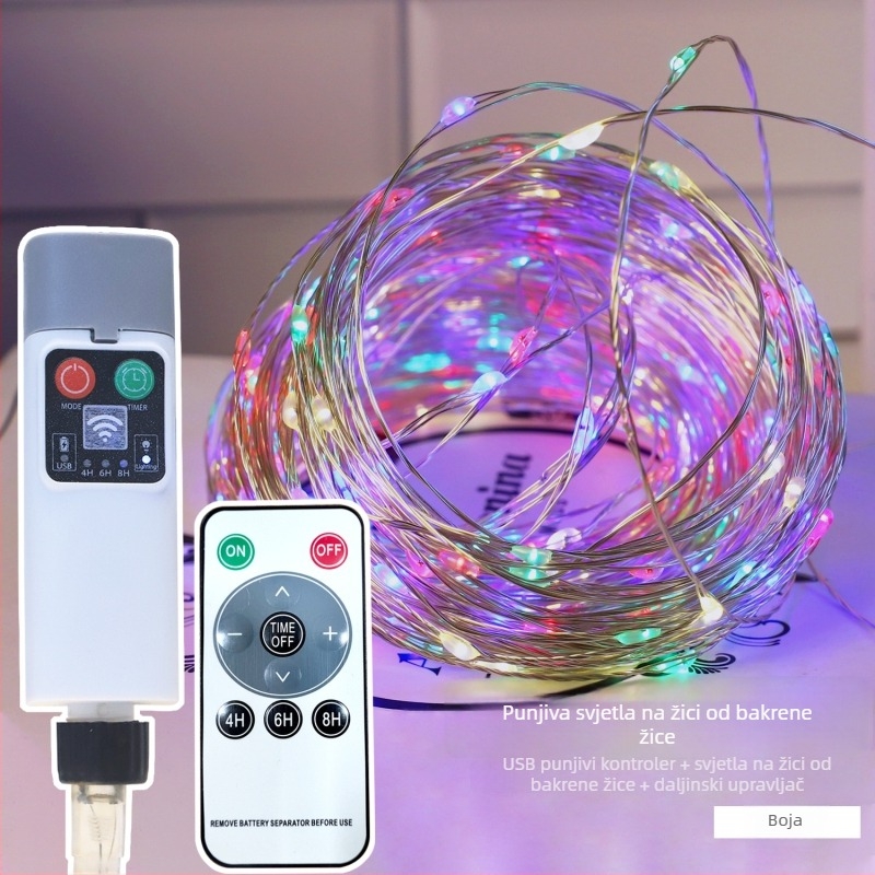 LED niz s bakrenim vodom za unutarnju i vanjsku dekoraciju, USB daljinsko upravljanje, solarno napajanje