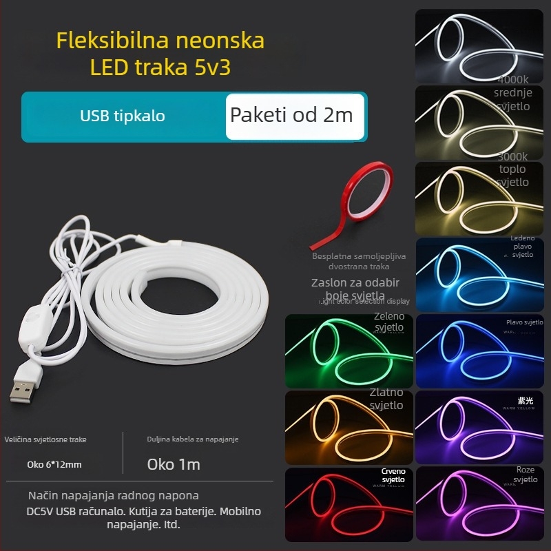 USB napajana RGBIC LED traka dužine 2 m, samoljepljiva, za stolno računalo, 5V ambijentalno osvjetljenje