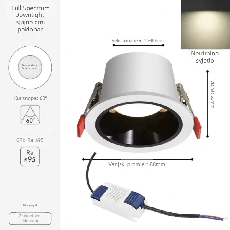 Inteligentan ugradbeni LED stropni reflektor za dnevnu sobu, kućna upotreba, uska obruba, duboko kućište, anti-refleks, otvor 75 mm, ugradnja u strop