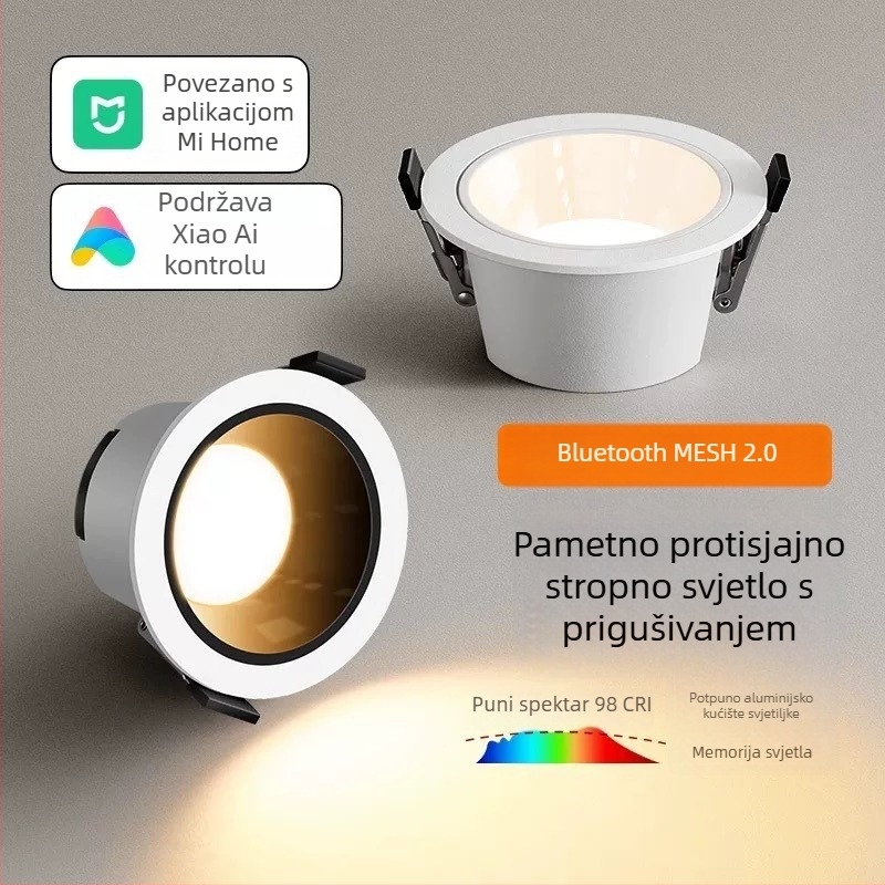 Inteligentan ugradbeni LED stropni reflektor za dnevnu sobu, kućna upotreba, uska obruba, duboko kućište, anti-refleks, otvor 75 mm, ugradnja u strop