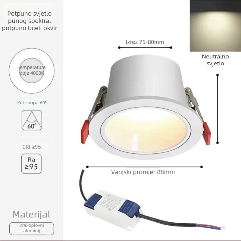 Inteligentan ugradbeni LED stropni reflektor za dnevnu sobu, kućna upotreba, uska obruba, duboko kućište, anti-refleks, otvor 75 mm, ugradnja u strop