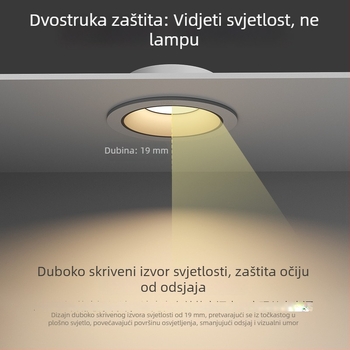 Ugradni LED downlight s anti‑odblještavanjem, uskim okvirom i dubokim kućištem, za dnevni boravak i hodnik, stropno svjetlo bez središnjeg svjetla