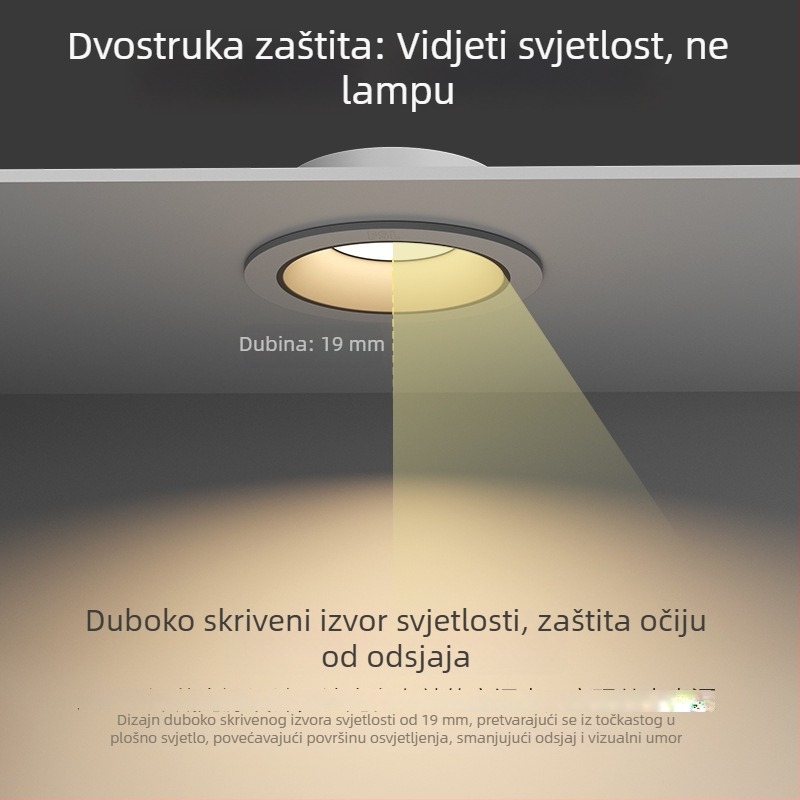 Ugradni LED downlight s anti‑odblještavanjem, uskim okvirom i dubokim kućištem, za dnevni boravak i hodnik, stropno svjetlo bez središnjeg svjetla