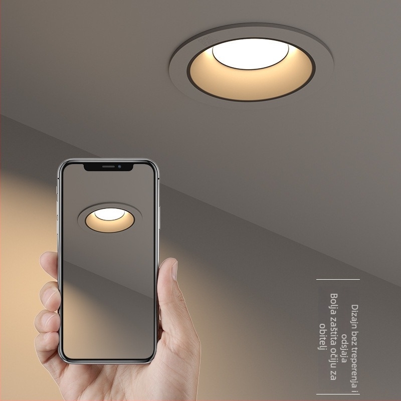 Ugradni LED downlight s anti‑odblještavanjem, uskim okvirom i dubokim kućištem, za dnevni boravak i hodnik, stropno svjetlo bez središnjeg svjetla
