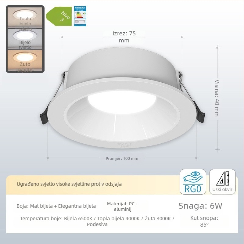 Ugradni LED downlight s anti‑odblještavanjem, uskim okvirom i dubokim kućištem, za dnevni boravak i hodnik, stropno svjetlo bez središnjeg svjetla