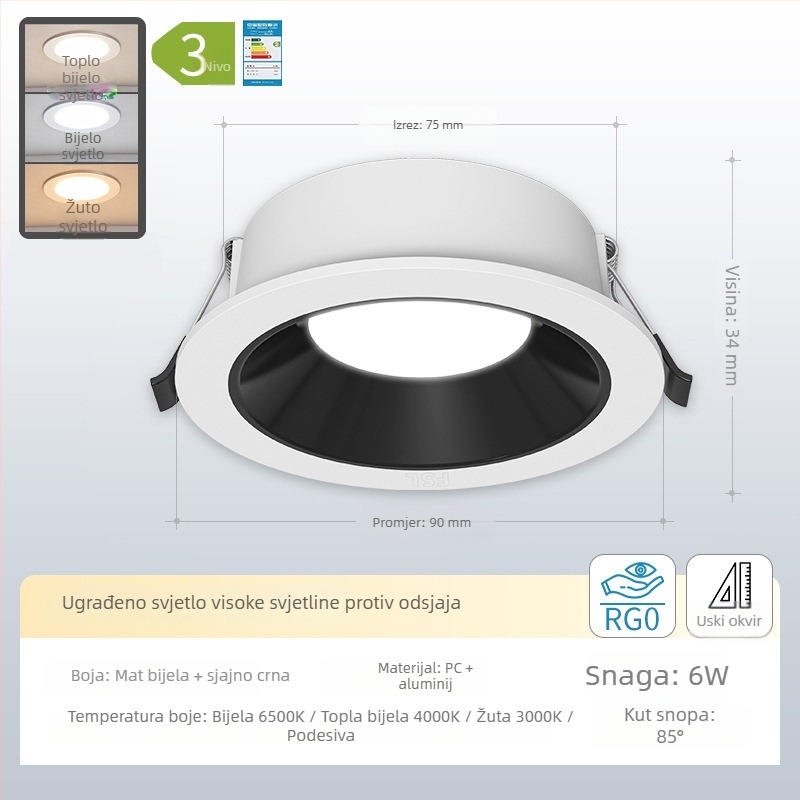Ugradni LED downlight s anti‑odblještavanjem, uskim okvirom i dubokim kućištem, za dnevni boravak i hodnik, stropno svjetlo bez središnjeg svjetla
