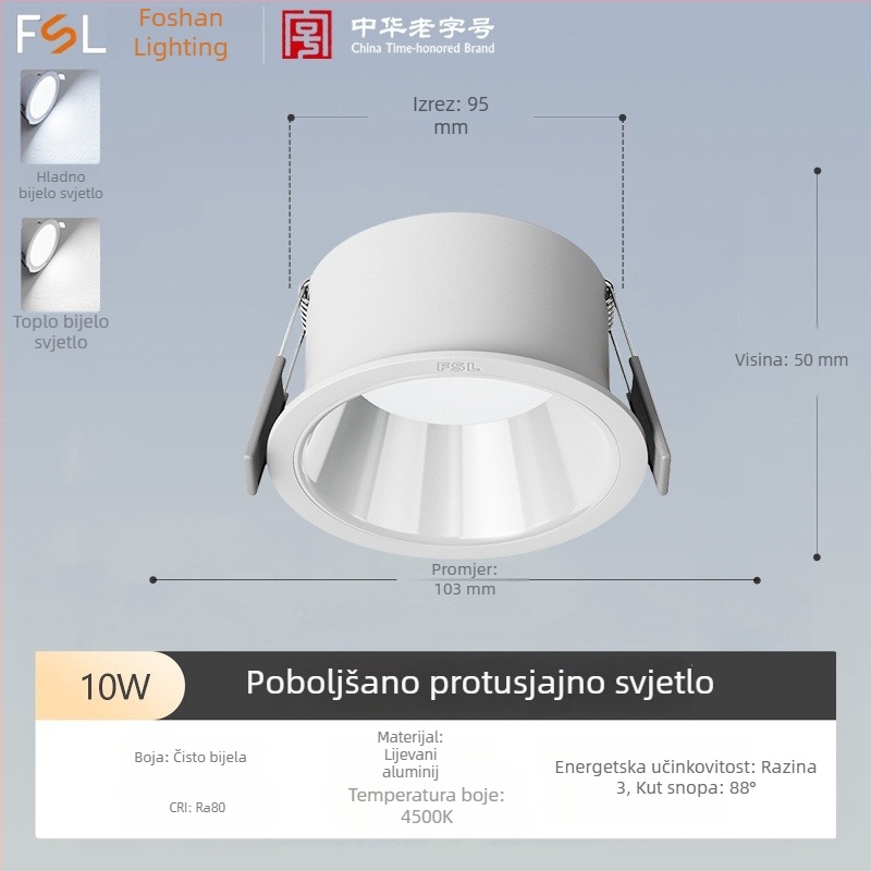Ugradni LED downlight s anti‑odblještavanjem, uskim okvirom i dubokim kućištem, za dnevni boravak i hodnik, stropno svjetlo bez središnjeg svjetla
