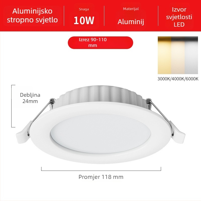 Ultra-tanki LED downlight s ugradnjom, skrivena montaža, 12W, 6 inča, 6000K hladno bijela, kućište od nehrđajućeg čelika, moderni minimalistički stil