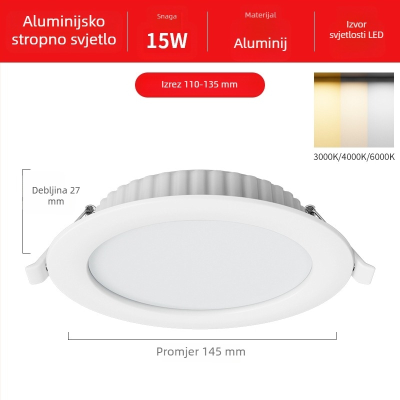 Ultra-tanki LED downlight s ugradnjom, skrivena montaža, 12W, 6 inča, 6000K hladno bijela, kućište od nehrđajućeg čelika, moderni minimalistički stil
