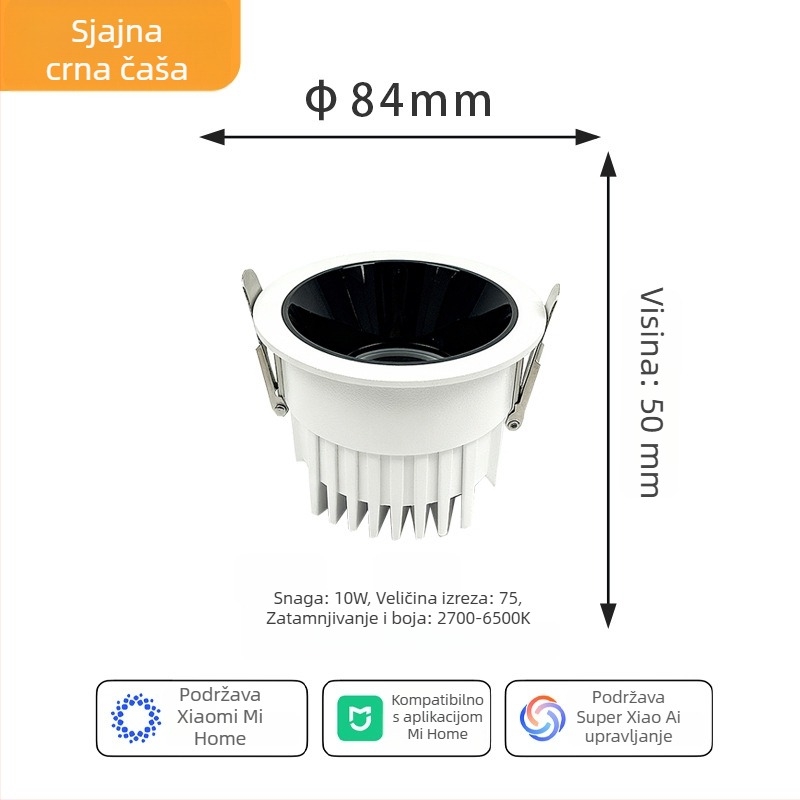 Duboko ugrađeni downlight za strop, pametna kontrola putem aplikacije, LED 6–10W, 6500K hladno bijela, aluminijsko kućište, skrivena montaža, CRI visok