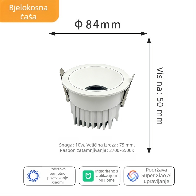 Duboko ugrađeni downlight za strop, pametna kontrola putem aplikacije, LED 6–10W, 6500K hladno bijela, aluminijsko kućište, skrivena montaža, CRI visok