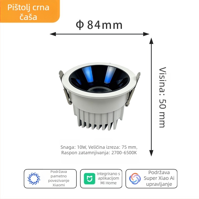 Duboko ugrađeni downlight za strop, pametna kontrola putem aplikacije, LED 6–10W, 6500K hladno bijela, aluminijsko kućište, skrivena montaža, CRI visok
