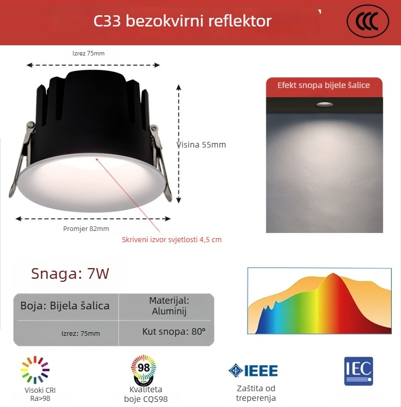 Bezramski zakrivljeni LED downlight, anti-glare, ugrađen za dnevni boravak i hodnik