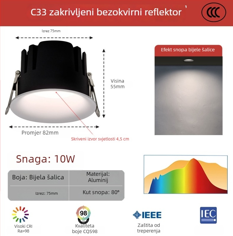 Bezramski zakrivljeni LED downlight, anti-glare, ugrađen za dnevni boravak i hodnik