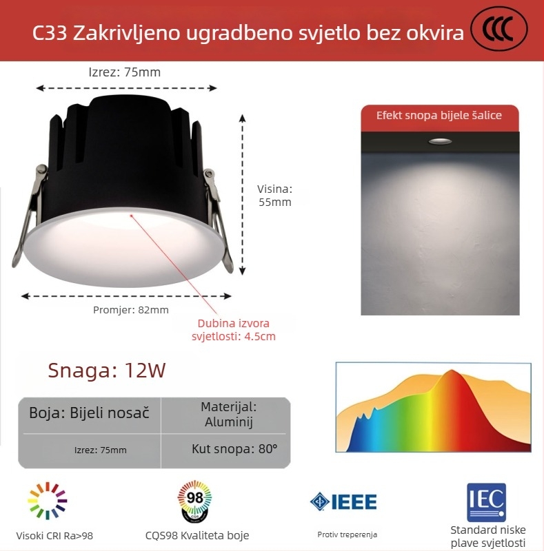 Bezramski zakrivljeni LED downlight, anti-glare, ugrađen za dnevni boravak i hodnik