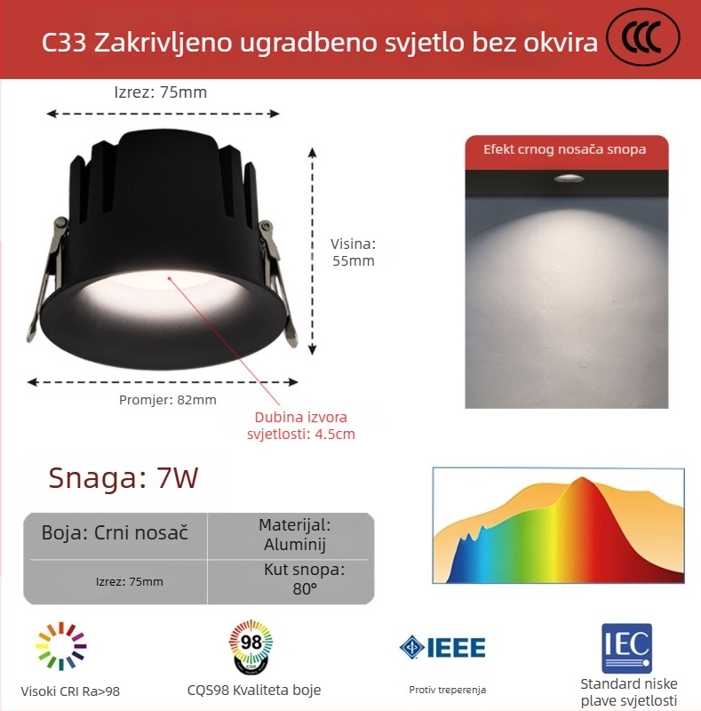 Bezramski zakrivljeni LED downlight, anti-glare, ugrađen za dnevni boravak i hodnik