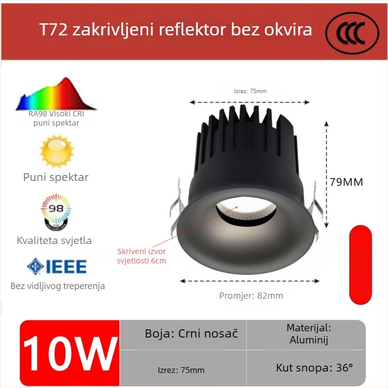 Bezramski zakrivljeni LED downlight, anti-glare, ugrađen za dnevni boravak i hodnik
