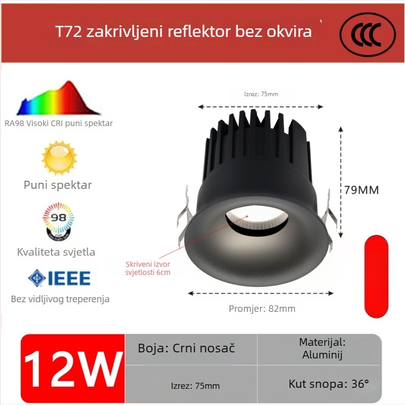 Bezramski zakrivljeni LED downlight, anti-glare, ugrađen za dnevni boravak i hodnik