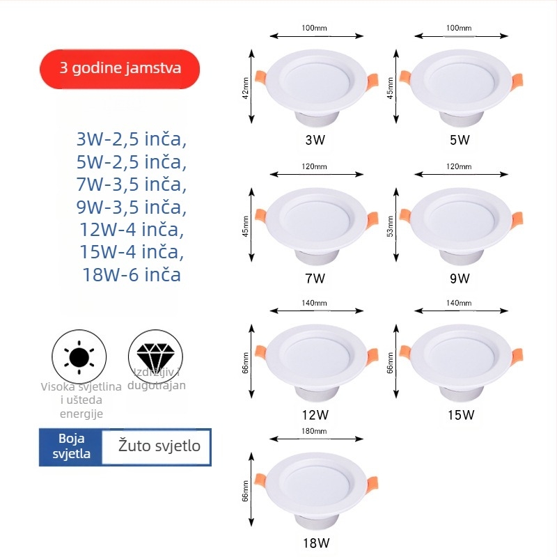Izuzetno tanak LED ugrađena plafonska svjetiljka, anti-glare, trobojno podešavanje svjetla, unutarnja upotreba, 2,5 inča