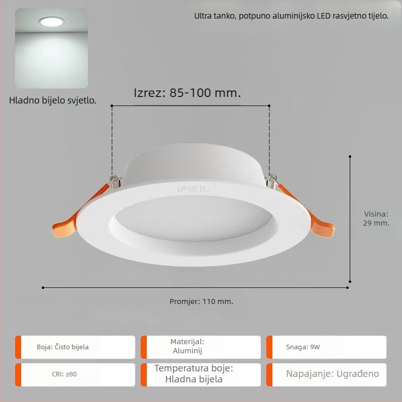 FSL LED ugrađeni downlight u strop, 2,5 inča, ultra-tanki aluminijski kućište, usmjereno svjetlo za dnevni boravak i hodnik