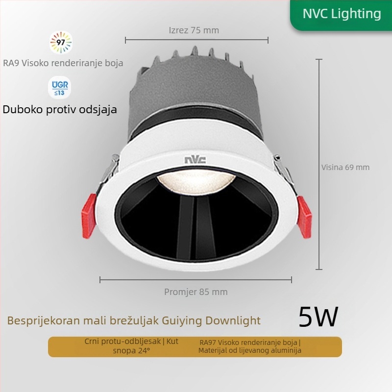 NVC Lighting RA97 LED spot svjetlo s anti-glare, ugrađeno u strop s uskim rubom, Guiying (CRI ≥95)