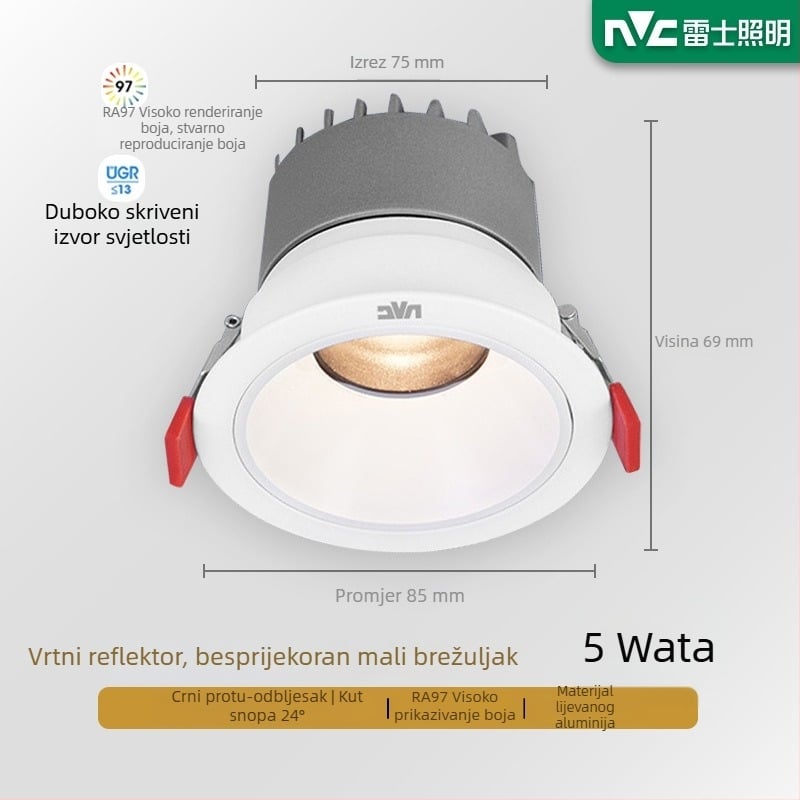 NVC Lighting RA97 LED spot svjetlo s anti-glare, ugrađeno u strop s uskim rubom, Guiying (CRI ≥95)