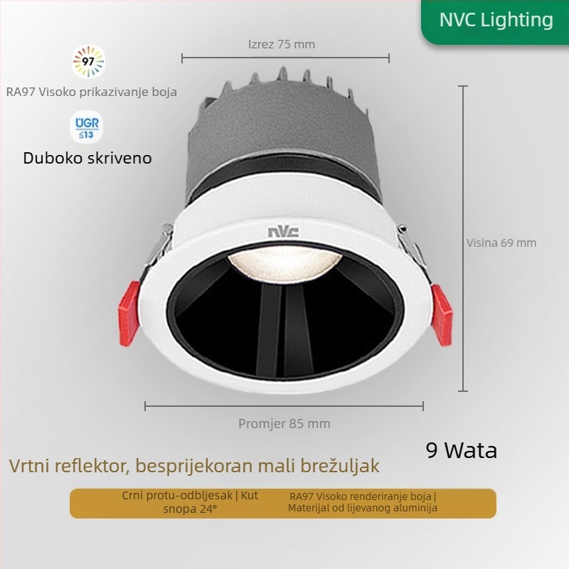 NVC Lighting RA97 LED spot svjetlo s anti-glare, ugrađeno u strop s uskim rubom, Guiying (CRI ≥95)