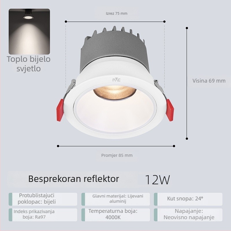 NVC Lighting RA97 LED spot svjetlo s anti-glare, ugrađeno u strop s uskim rubom, Guiying (CRI ≥95)