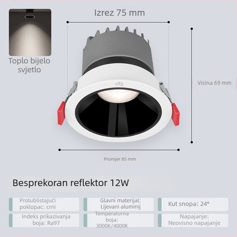 NVC Lighting RA97 LED spot svjetlo s anti-glare, ugrađeno u strop s uskim rubom, Guiying (CRI ≥95)