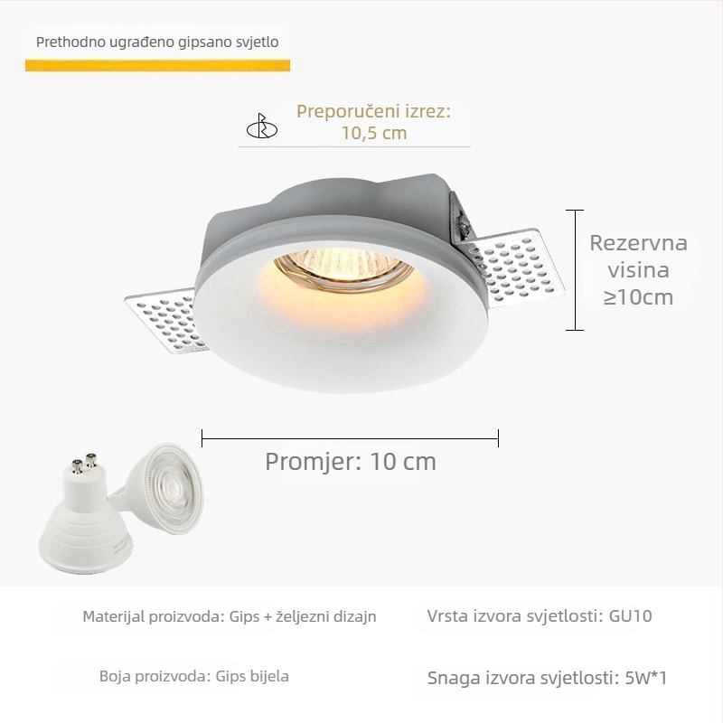 Ugrađeni gipsani downlight s GU10 LED izvorom, skriveni stropni reflektor za dnevni boravak i komercijalno osvjetljenje
