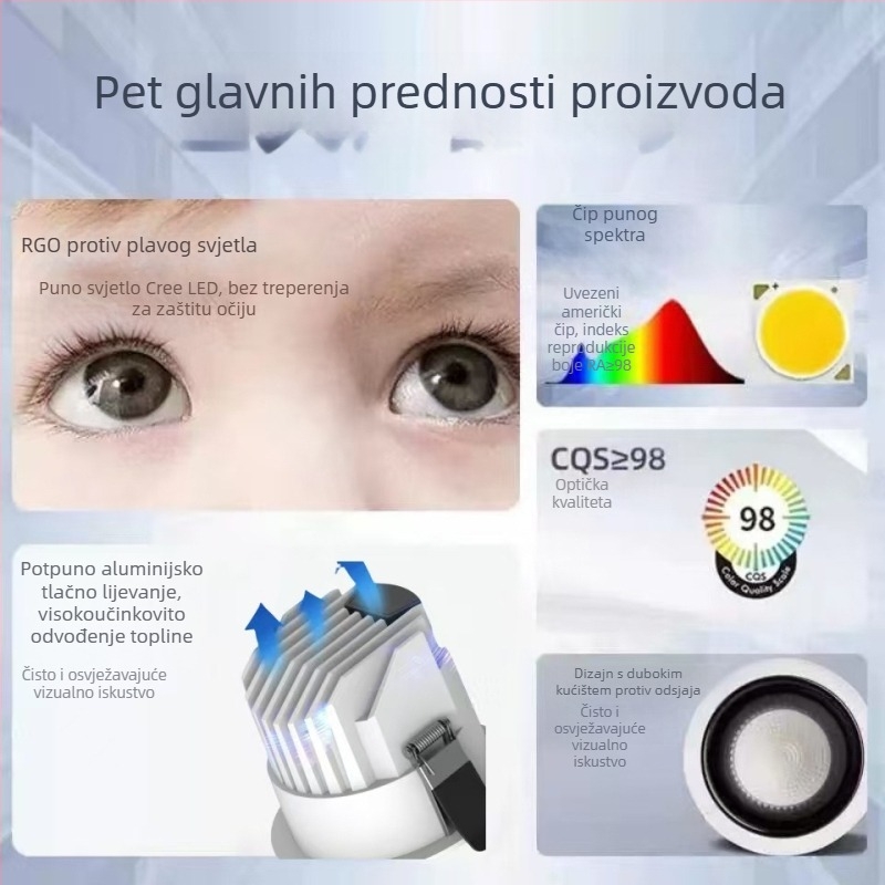 LED downlight s anti-glare, uski okvir od 98 mm, za hodnik i kuhinju, ugrađeno stropno svjetlo, duboka čašica, bez glavnog svjetla