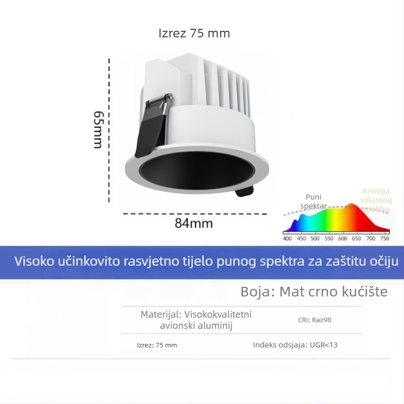 LED downlight s anti-glare, uski okvir od 98 mm, za hodnik i kuhinju, ugrađeno stropno svjetlo, duboka čašica, bez glavnog svjetla
