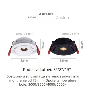 Ultra-tanki ugrađeni LED reflektor 3W s podesivim kutovima snopa 3°/8°/15°, za čajnu sobu, blagovački stol i muzej
