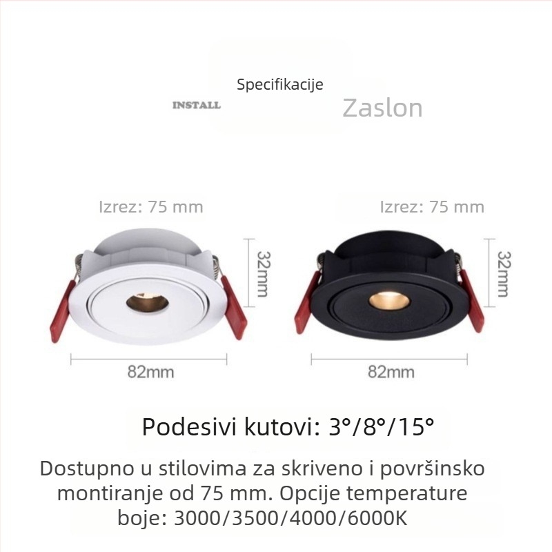 Ultra-tanki ugrađeni LED reflektor 3W s podesivim kutovima snopa 3°/8°/15°, za čajnu sobu, blagovački stol i muzej