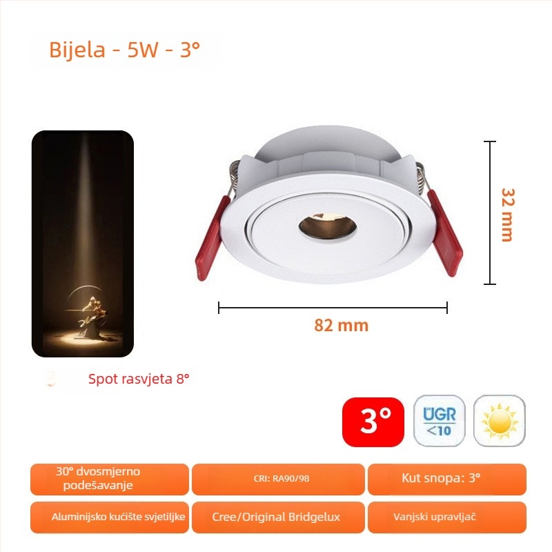 Ultra-tanki ugrađeni LED reflektor 3W s podesivim kutovima snopa 3°/8°/15°, za čajnu sobu, blagovački stol i muzej