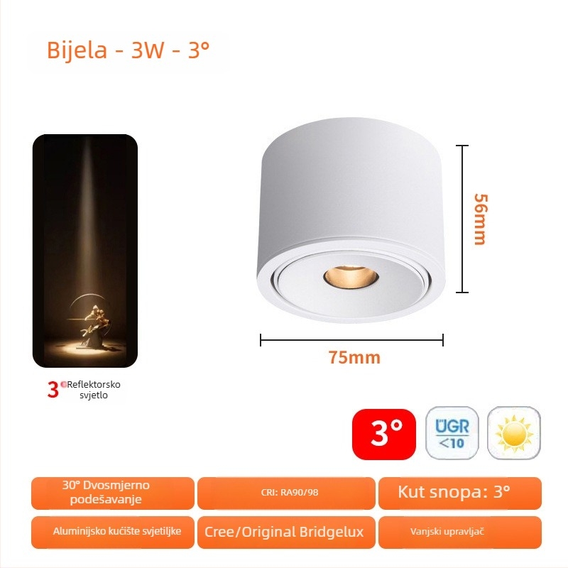 Ultra-tanki ugrađeni LED reflektor 3W s podesivim kutovima snopa 3°/8°/15°, za čajnu sobu, blagovački stol i muzej