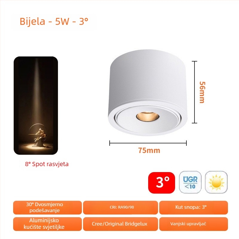 Ultra-tanki ugrađeni LED reflektor 3W s podesivim kutovima snopa 3°/8°/15°, za čajnu sobu, blagovački stol i muzej