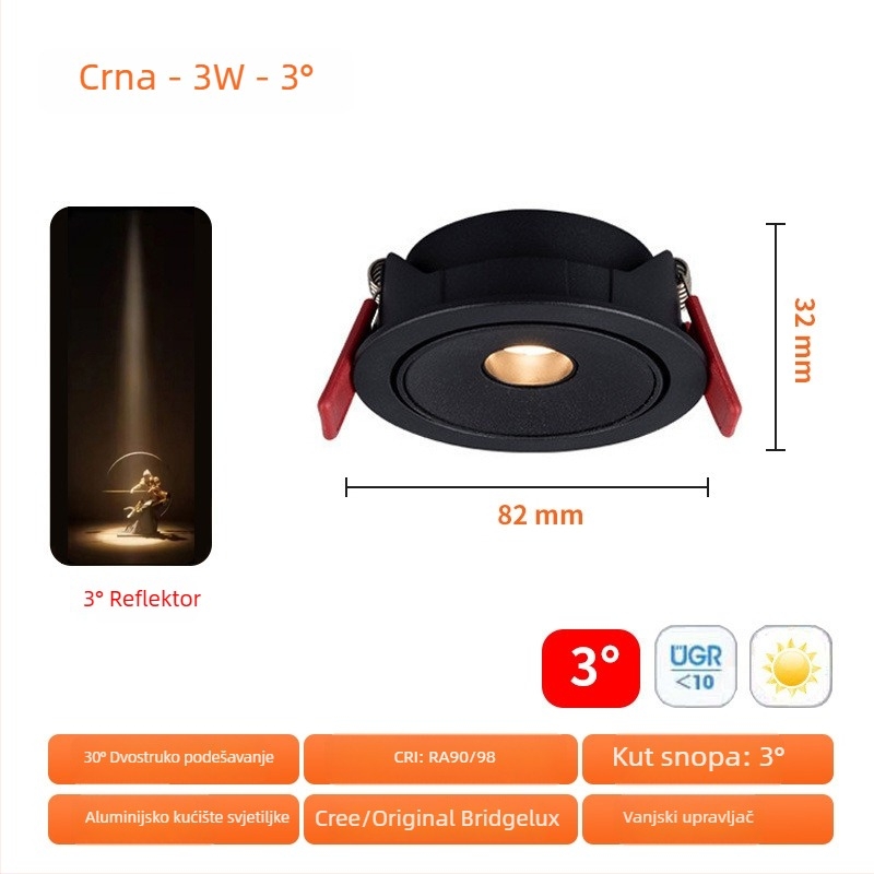 Ultra-tanki ugrađeni LED reflektor 3W s podesivim kutovima snopa 3°/8°/15°, za čajnu sobu, blagovački stol i muzej