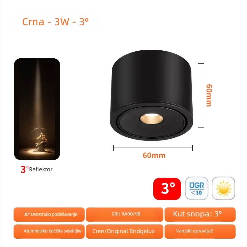 Ultra-tanki ugrađeni LED reflektor 3W s podesivim kutovima snopa 3°/8°/15°, za čajnu sobu, blagovački stol i muzej