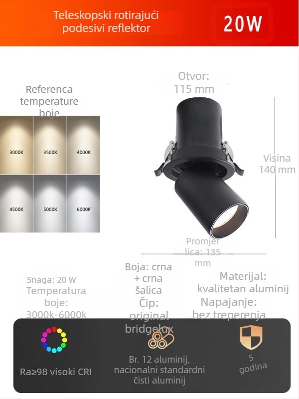LED reflektor s izvučnim nosom nalik slonovoj proboscisi, ugrađena u strop, podesiv kut, za trgovine odjećom i kafiće