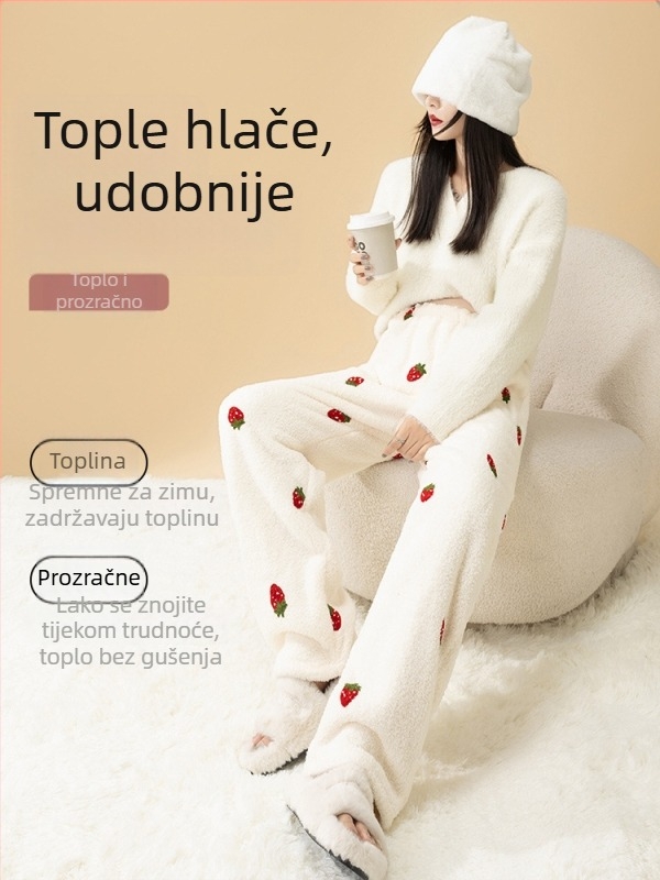 Trudničke pidžama hlače za jesen-zimu, s flis podstavom, podesivim strukom, toplo kućno nošenje