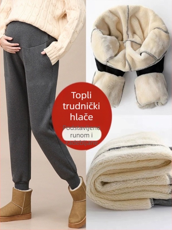 Trudničke hlače za jesen i zimu, debele fleece‑podstave, tople, plus veličina, podrška za trbuh, udobne hlače